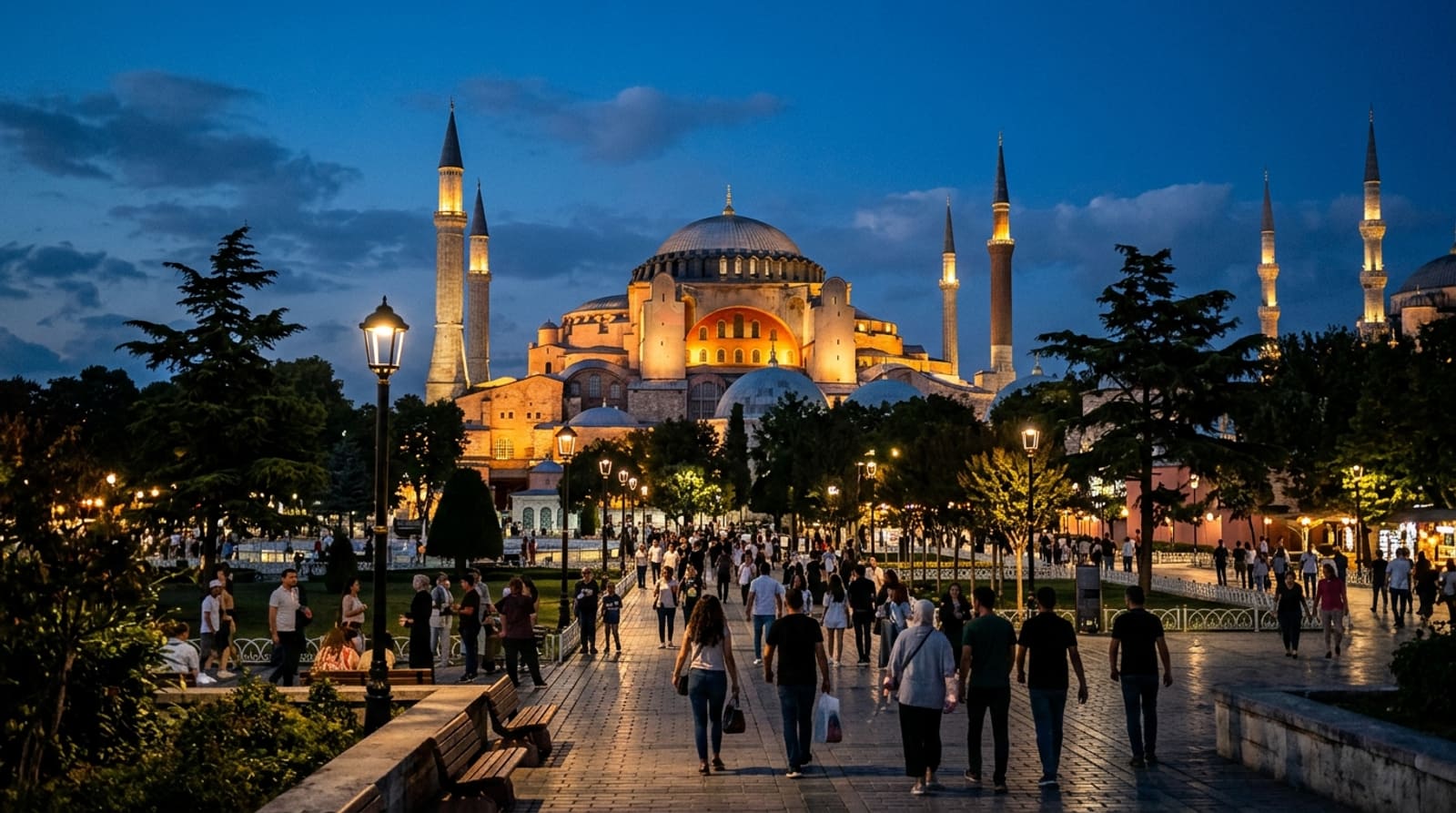Hagia Sophia rising above Sultanahmet square at dusk, a short walk from the Basilica Cistern entrance
