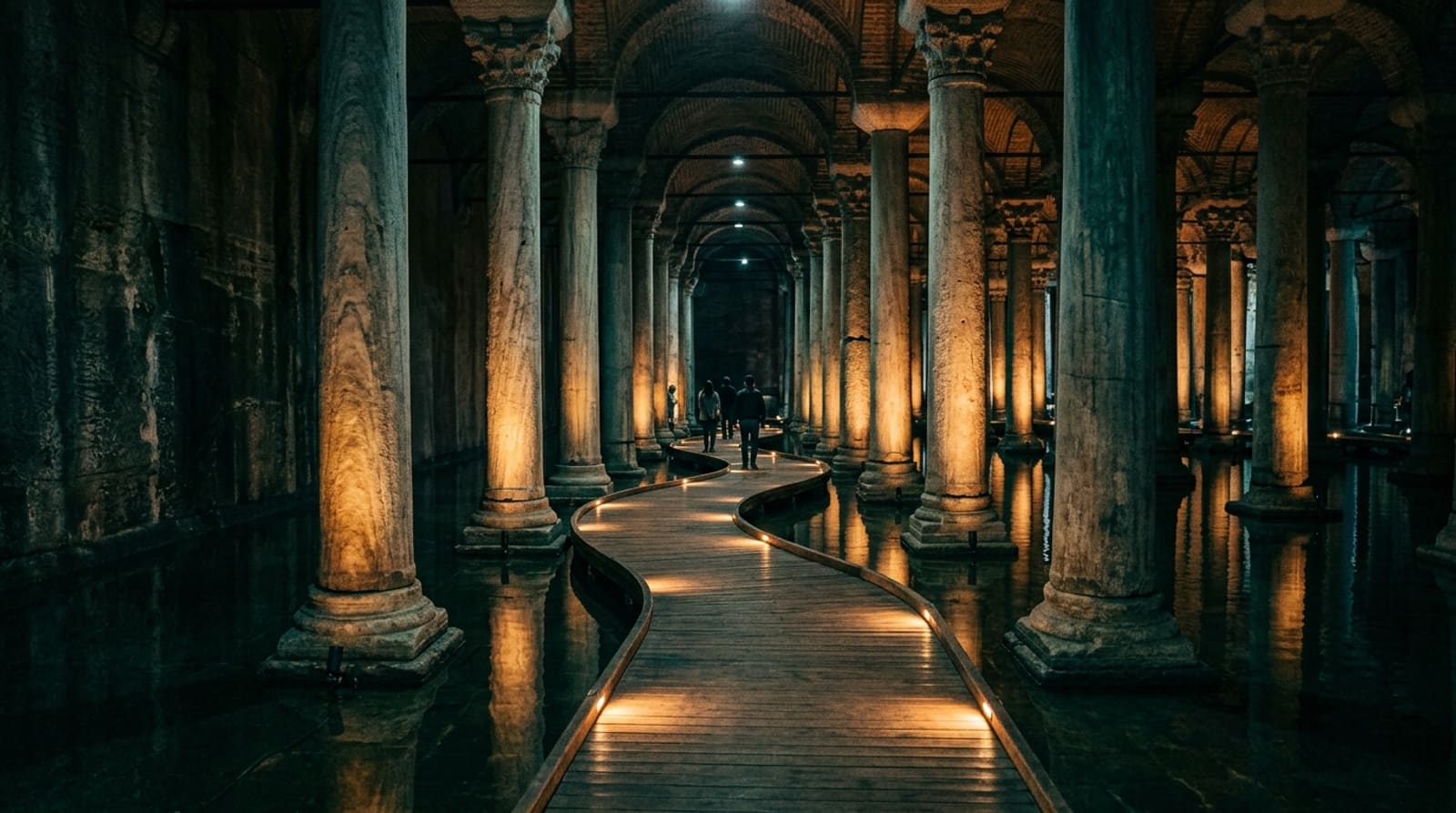 Raised walkway winding between amber-lit columns above the water inside the Basilica Cistern