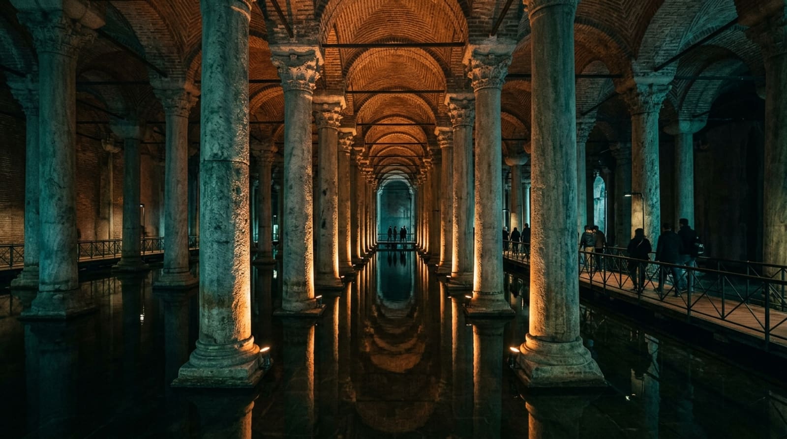 Rows of illuminated marble columns reflected in the still, shallow water of the Basilica Cistern, Istanbul